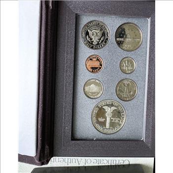 1989 U.S. MINT PRESTIGE PROOF SET, 7 UNBLEMISHED COINS INCL A 90% SILVER GEM IN ORIG GOV SEALED, COA, BOX
