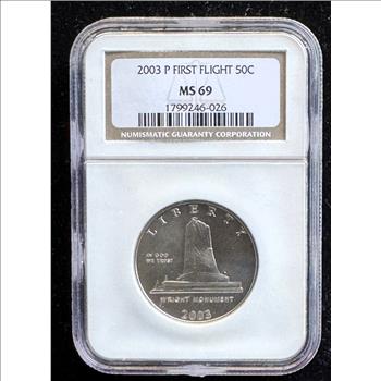 2003-P FIRST FLIGHT HALF DOLLAR, NGC GRADED MS-69 IN THE SLAB