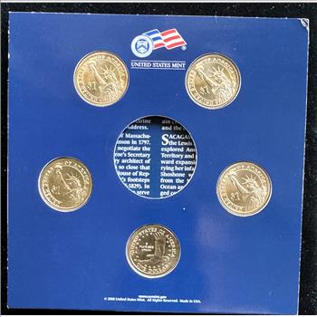 2008 U.S. MINT ANNUAL UNC 5 COIN SET, NO SILVER DOLLAR, 5 PRESIDENT GEM $1 DOLLAR COINS, IN SEALED OGP, COA