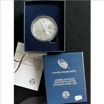 2020 AMERICAN EAGLE SILVER DOLLAR BRILLIANT UNCIRCULATED COIN IN SLAB 1 OZ .999 FINE SILVER, U.S. MINT OGP, CAPSULE, COA