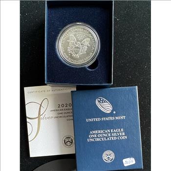 2020 AMERICAN EAGLE SILVER DOLLAR BRILLIANT UNCIRCULATED COIN IN SLAB 1 OZ .999 FINE SILVER, U.S. MINT OGP, CAPSULE, COA