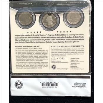 AMERICA THE BEAUTIFUL QUARTERS 3 COIN SET ONE PROOF & 2 UNC IN ORIG US MINT PKG GREAT SAND DUNES  NATIONAL PARK