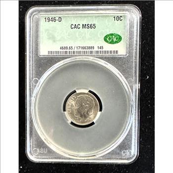 1946-D SILVER ROOSEVELT DIME COIN, CAC GRADED MS-65 IN THE SLAB