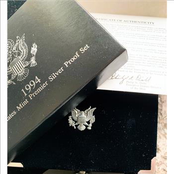 1994-S PREMIER SILVER US MINT PROOF SET, ORIG US MINT CASE, BOX, COA, GEM COIN SET