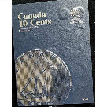 1937-1989 CANADA 10 CENTS NEAR COMPLETE COIN COLLECTION SET, 36 SILVER DIMES & 31 NON-SILVER DIMES, IN A WHITMAN FOLDER