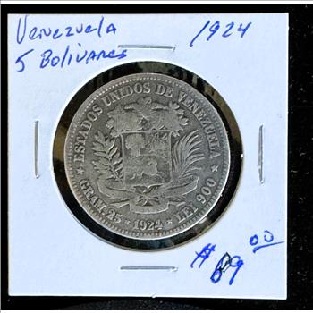 1924 VENEZUELA 5 BOLIVARES, RARE, .900 SILVER