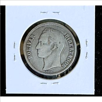 1924 VENEZUELA 5 BOLIVARES, RARE, .900 SILVER