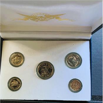 1999 PRESIDENTIAL 5 COIN COLLECTION, PRESERVED IN 24K GOLD PLATE, LAST MINTING SBA $1, ALL IN CAPSULES, ORIG CASE, COA, GEM BEAUTIES