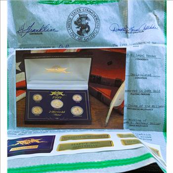 1999 PRESIDENTIAL 5 COIN COLLECTION, PRESERVED IN 24K GOLD PLATE, LAST MINTING SBA $1, ALL IN CAPSULES, ORIG CASE, COA, GEM BEAUTIES