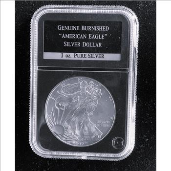GENUINE BURNISHED AMERICAN SILVER DOLLAR GRADED IN THE SLAB 1oz PURE SILVER, A GEM UNBLEMISHED
