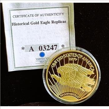 1933 GOLD DOUBLE EAGLE REPLICA 24k GOLD LAYERED, UNBLEMISHED GEM PROOF IN CAPSULE, COA