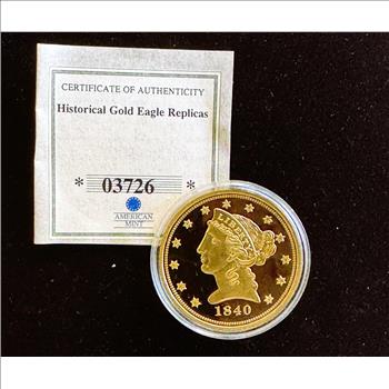 1840 GOLD LIBERTY HEAD REPLICA 24k GOLD LAYERED, UNBLEMISHED GEM PROOF IN CAPSULE, COA