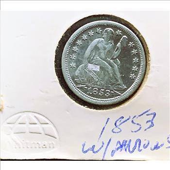 1853 SILVER ONE DIME WITH ARROWS, HIGH GRADE BRIGHT SHINY DETAILED NICE COIN, ITEM #1552