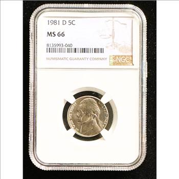 1981-D JEFFERSON NICKEL, NGC GRADED MS-66 COIN IN THE SLAB