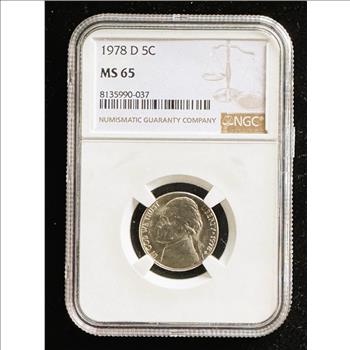 1978-D JEFFERSON NICKEL, NGC GRADE MS-65 IN THE SLAB