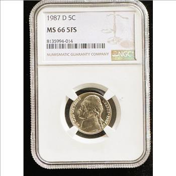 1987-D JEFFERSON NICKEL, NGC HIGH GRADE MS-66 5FS COIN IN THE SLAB