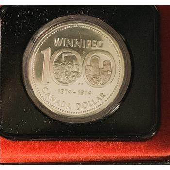1874- 1974 100 YEAR COMMEMORATIVE CANADIAN SILVER PROOF COIN, WINNEPEG DOLLAR, IN ORIG CAPSULE, CASE, BOX