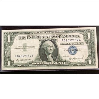 1957 SERIES $1 DOLLAR SILVER CERTIFICATE NOTE, BLUE SEAL SEMI CRISP IN SLEVE