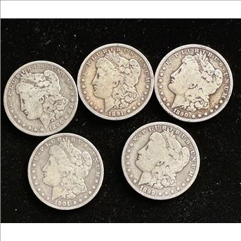 5 MORGAN SILVER DOLLARS, VARIOUS DATES 1901-O, 1899-O, 1896-O, 1891-O, 1890-O, CLEAR DETAILS