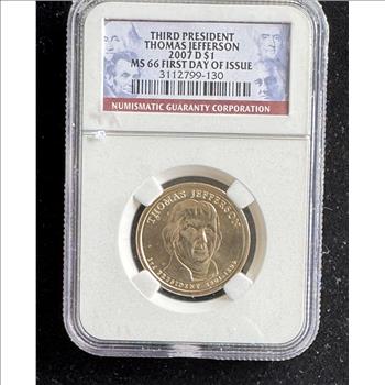2007-D THIRD PRESIDENT GOLDEN DOLLAR, GRADED MS-66 FIRST DAY OF ISSUE IN THE SLAB