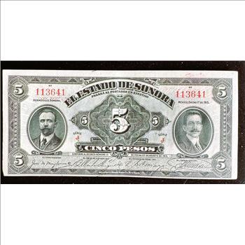 MEXICO 1913 SIRIE J, HERMOSILLO SONORA, 5 PESOS, AU VERY NICE CRISP IN SLEVE