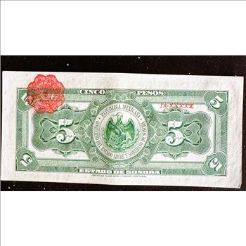 MEXICO 1913 SIRIE J, HERMOSILLO SONORA, 5 PESOS, AU VERY NICE CRISP IN SLEVE