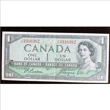 1954 SERIES OTTAWA CANADA $1 DOLLAR DEVILS FACE UNCIRCULATED CURRENCY CRISP IN A SLEVE