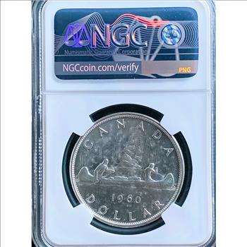 1960 SILVER NGC GRADED MS-61 CANADA CANOE IN THE RAIN, A REALLY NICE COIN, IN THE SLAB, ITEM #1574