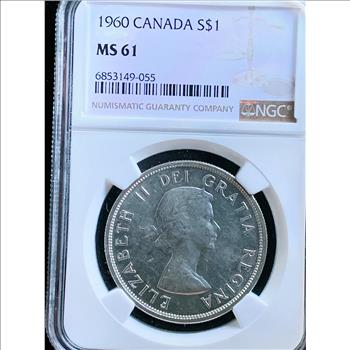 1960 SILVER NGC GRADED MS-61 CANADA CANOE IN THE RAIN, A REALLY NICE COIN, IN THE SLAB, ITEM #1574