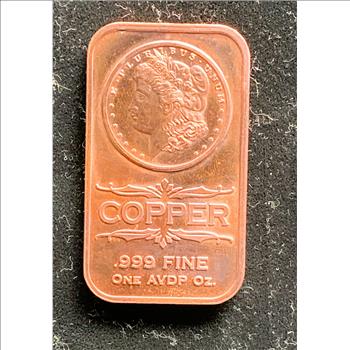 1oz .999 FINE COPPER MORGAN DOLLAR LIBERTY BAR, UNC SHINY COIN