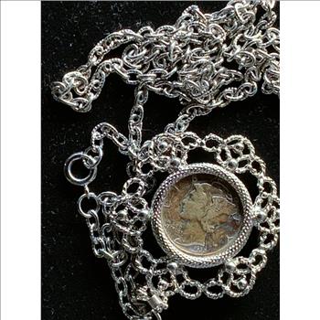 1937 SILVER VG MERCURY DIME COIN IN BEZEL, WITH A REAL NICE 24