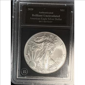 2020 AMERICAN EAGLE SILVER DOLLAR BRILLIANT UNCIRCULATED GRADED IN SLAB 1OZ FINE SILVER