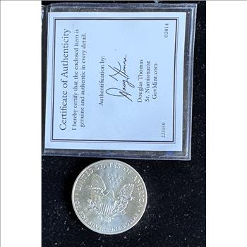 2015 AMERICAN EAGLE COIN, $1 .999 FINE SILVER, BU ABSOLUTE GEM , WITH COA