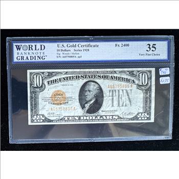 1928 SERIES GOLD CERTIFICATE $10 DOLLARS, WBG GRADED-35 VERY FINE CHOICE, GEM