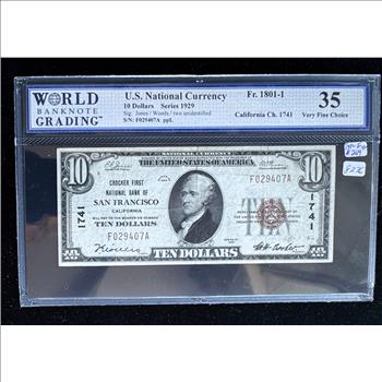 1929 SERIES U.S. NATIONAL CURRENCY, SAN FRANCISCO, WBG GRADED-35 VERY FINE CHOICE, TYPE I RED SEAL, GEM
