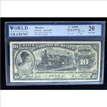 1909 SERIES MEXICO, MAZATLAN, 10 PESOS CURRENCY, WBG GRADED-20 VERY FINE, VERY SCARCE IN THIS CONDITION (STAMP AND SEAL ON REVERSE)