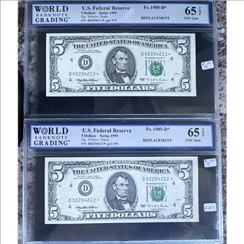 1995 SERIES (TWO) $5 DOLLARS FRN *STAR NOTES*  WITH CONSECUTIVE SERIAL NUMBERS, WBG HIGH GRADE-65 TOP UNCIRCULATED CHOICE, GEMS