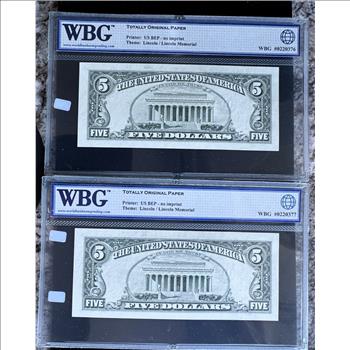 1995 SERIES (TWO) $5 DOLLARS FRN *STAR NOTES*  WITH CONSECUTIVE SERIAL NUMBERS, WBG HIGH GRADE-65 TOP UNCIRCULATED CHOICE, GEMS