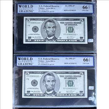 2003 A SERIES (TWO) $5 DOLLARS *STAR NOTES* WITH CONSECUTIVE SERIAL NUMBERS, HIGH GRADE WBG -66 TOP UNCIRCULATED GEMS, GREEN SEALS