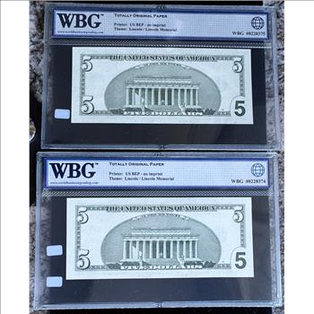 2003 A SERIES (TWO) $5 DOLLARS *STAR NOTES* WITH CONSECUTIVE SERIAL NUMBERS, HIGH GRADE WBG -66 TOP UNCIRCULATED GEMS, GREEN SEALS