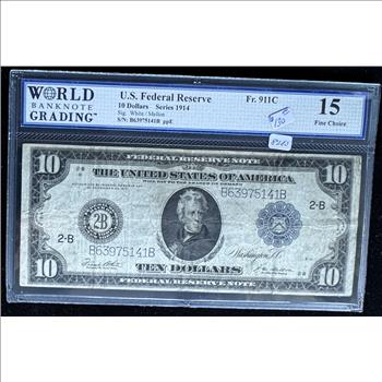 1914 SERIES FRN $10 DOLLARS, NEW YORK, WBG GRADED-15 FINE CHOICE, BLUE SEAL