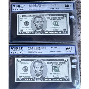 2003 A SERIES (TWO) $5 DOLLARS *STAR NOTES* WITH CLOSE BUT NON-CONSECUTIVE SERIAL NUMBERS, HIGH GRADE WBG -66 TOP UNCIRCULATED GEMS