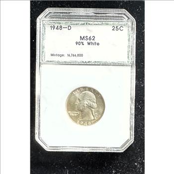 1948-D 25C SILVER PCI GRADED MS-62 90% WHITE COIN IN THE SLAB
