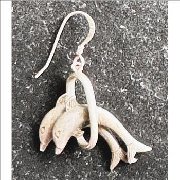 .925 STERLING SILVER SIGNED VINTAGE SINGLE EARRING OR A PENDANT DOUBLE DOLPHINS