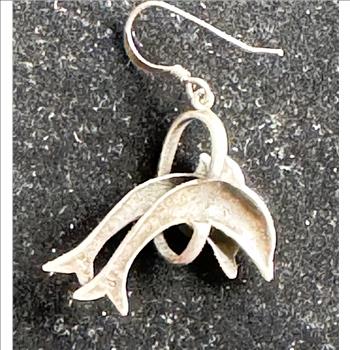 .925 STERLING SILVER SIGNED VINTAGE SINGLE EARRING OR A PENDANT DOUBLE DOLPHINS