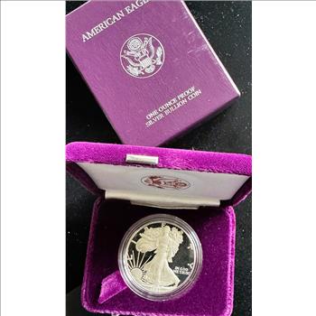 1987-S AMERICAN SILVER EAGLE PROOF $1 DOLLAR GEM COIN, 1oz .999 FINE SILVER IN ORIG US MINT CAPSULE, CASE, COA