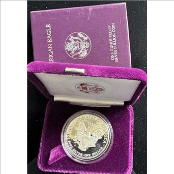 1987-S AMERICAN SILVER EAGLE PROOF $1 DOLLAR GEM COIN, 1oz .999 FINE SILVER IN ORIG US MINT CAPSULE, CASE, COA