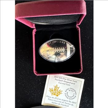 2017 $25 DOLLAR .999 FINE SILVER FOOTBALL GEM CURVED GEM COIN, ARGENT FINISH, OGP, CASE COA