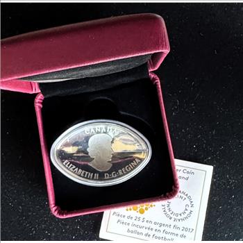 2017 $25 DOLLAR .999 FINE SILVER FOOTBALL GEM CURVED GEM COIN, ARGENT FINISH, OGP, CASE COA