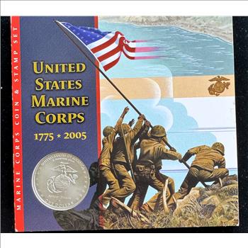 1775-2005 U.S. MARINE CORPS ANNIV $1 DOLLAR SILVER UNC GEM COIN, & 3 CENT IWO JIMA STAMP SET, OGP, COA